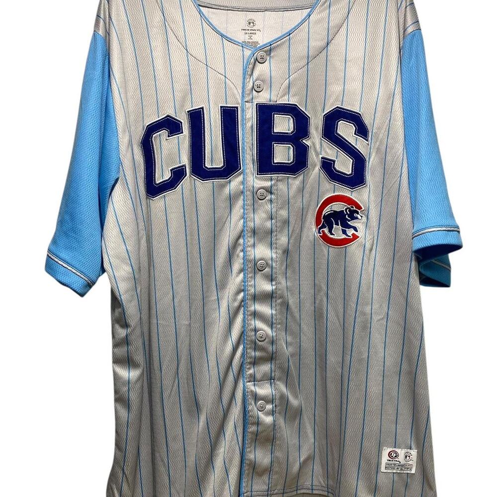 Chicago Cubs white and blue pinstripe full button down jersey shirt XXL